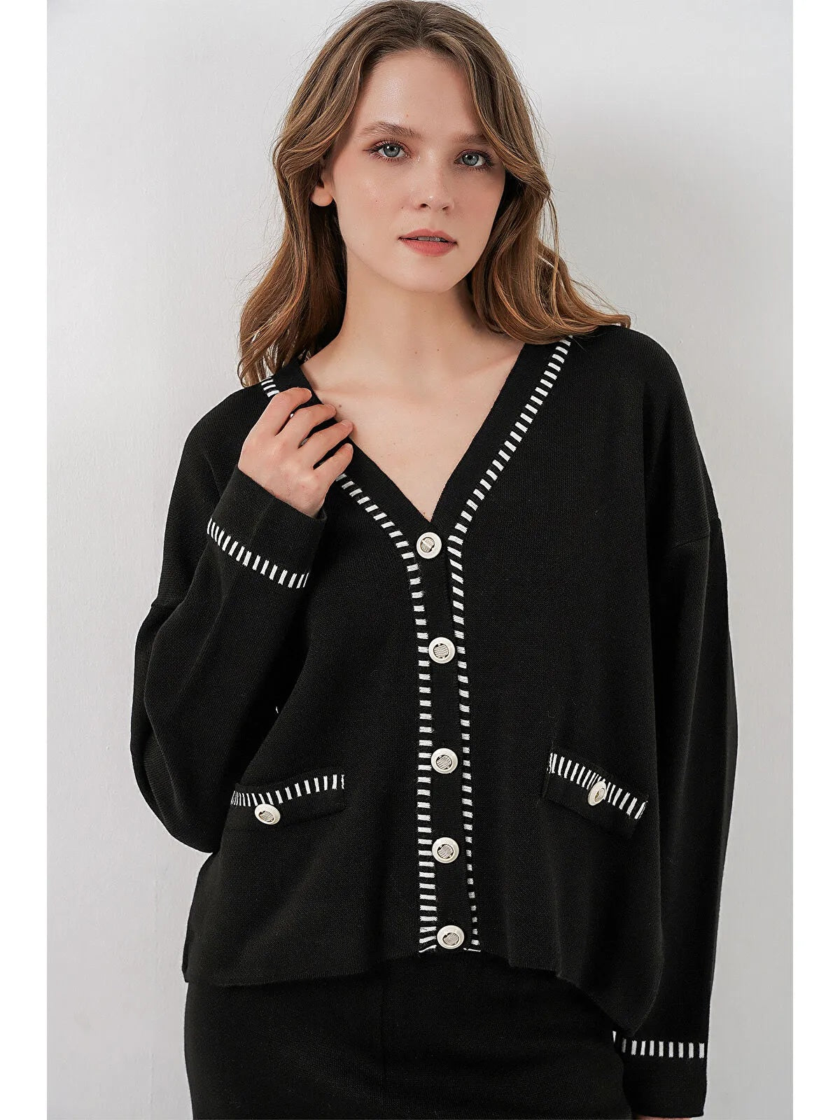 Kadın Nakışlı Triko Hırka Pantolon İkili Takım 15963 - Siyah