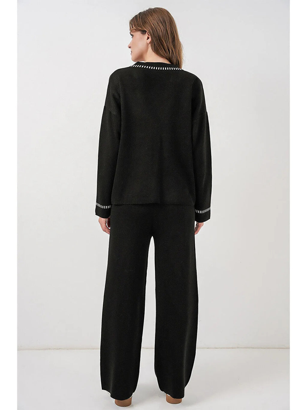 Kadın Nakışlı Triko Hırka Pantolon İkili Takım 15963 - Siyah