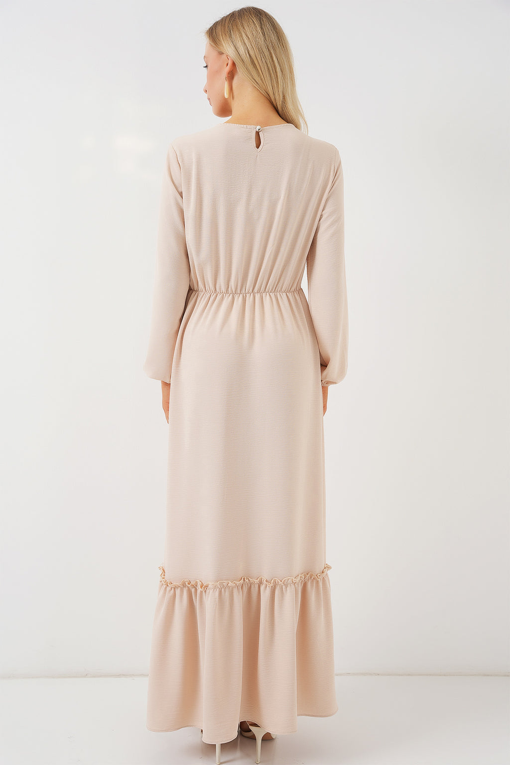 Kadın Nakışlı Uzun Tesettür Elbise 2550 - Krem