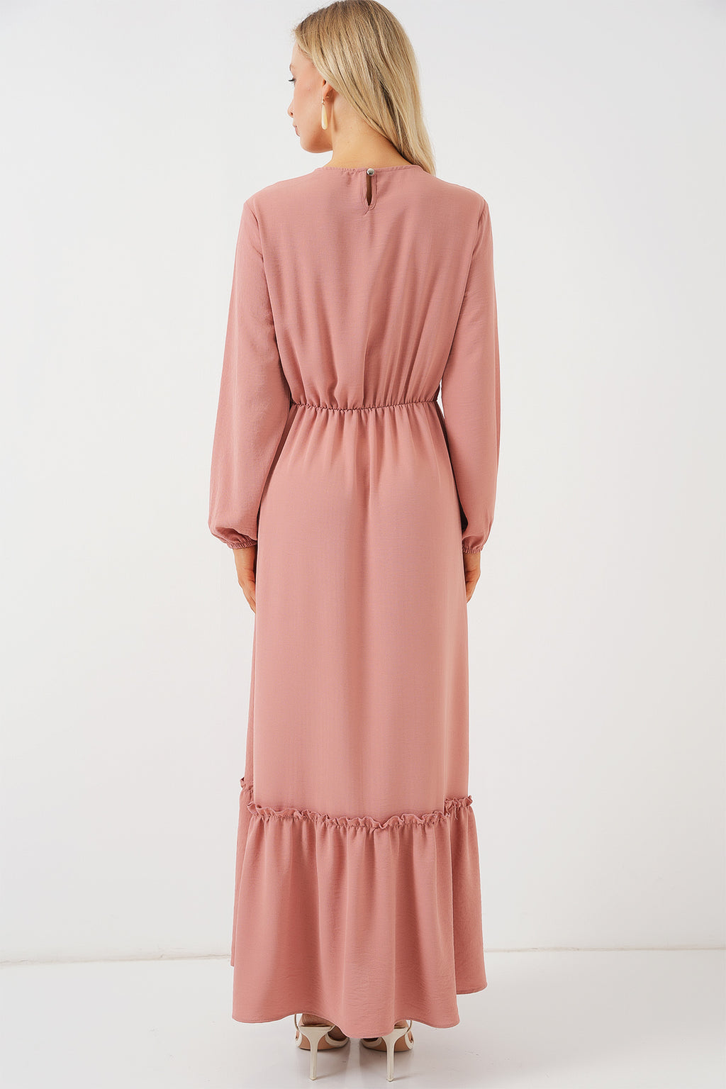 Kadın Nakışlı Uzun Tesettür Elbise 2550 - Pudra