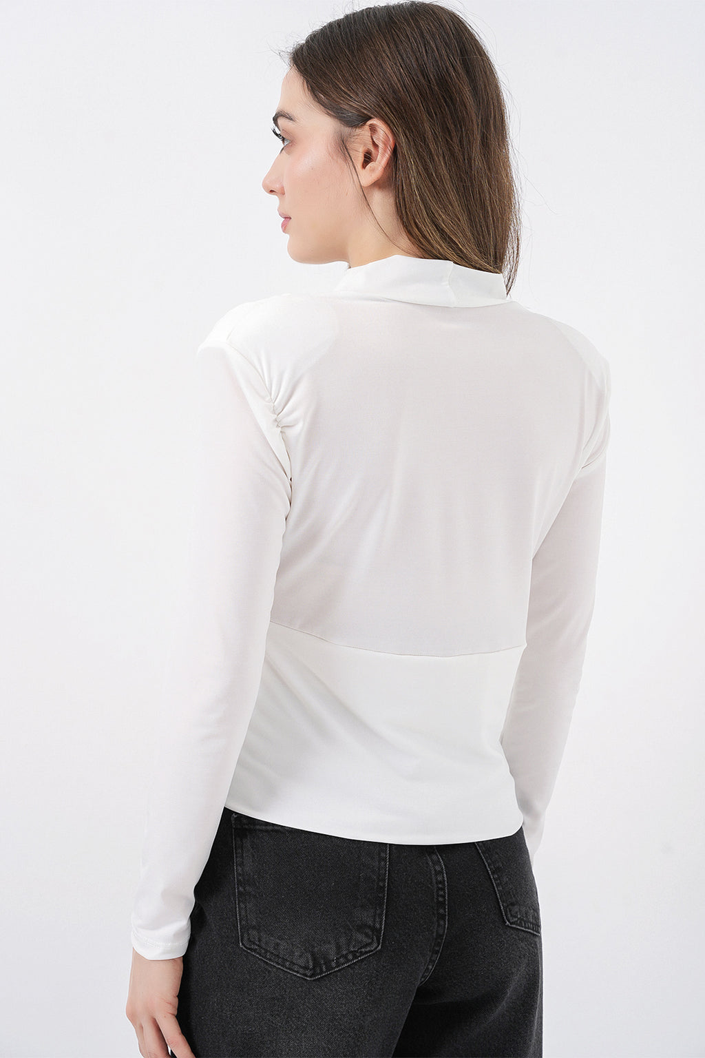 Kadın Omuz Vatkalı Kruvaze Yaka Bluz 942 - Beyaz