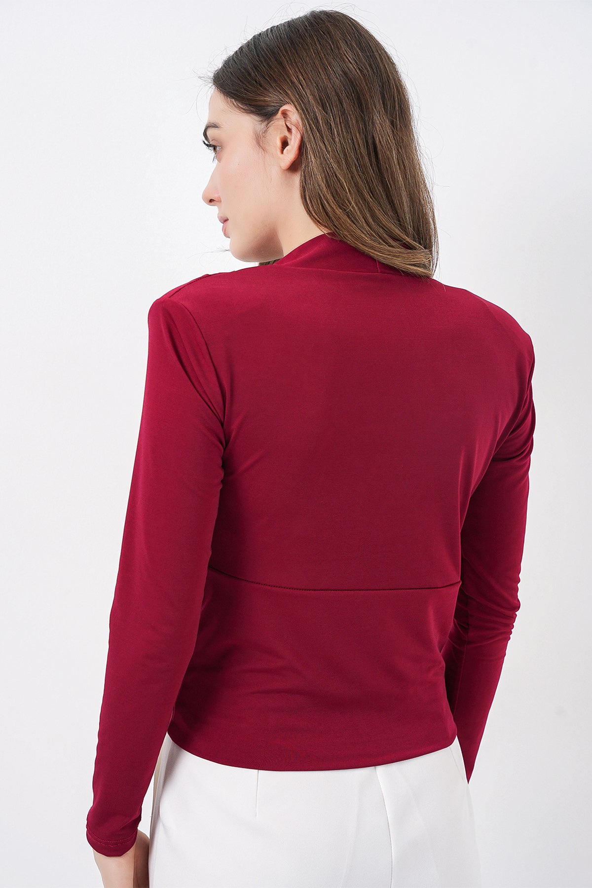 Kadın Omuz Vatkalı Kruvaze Yaka Bluz 942 - Bordo