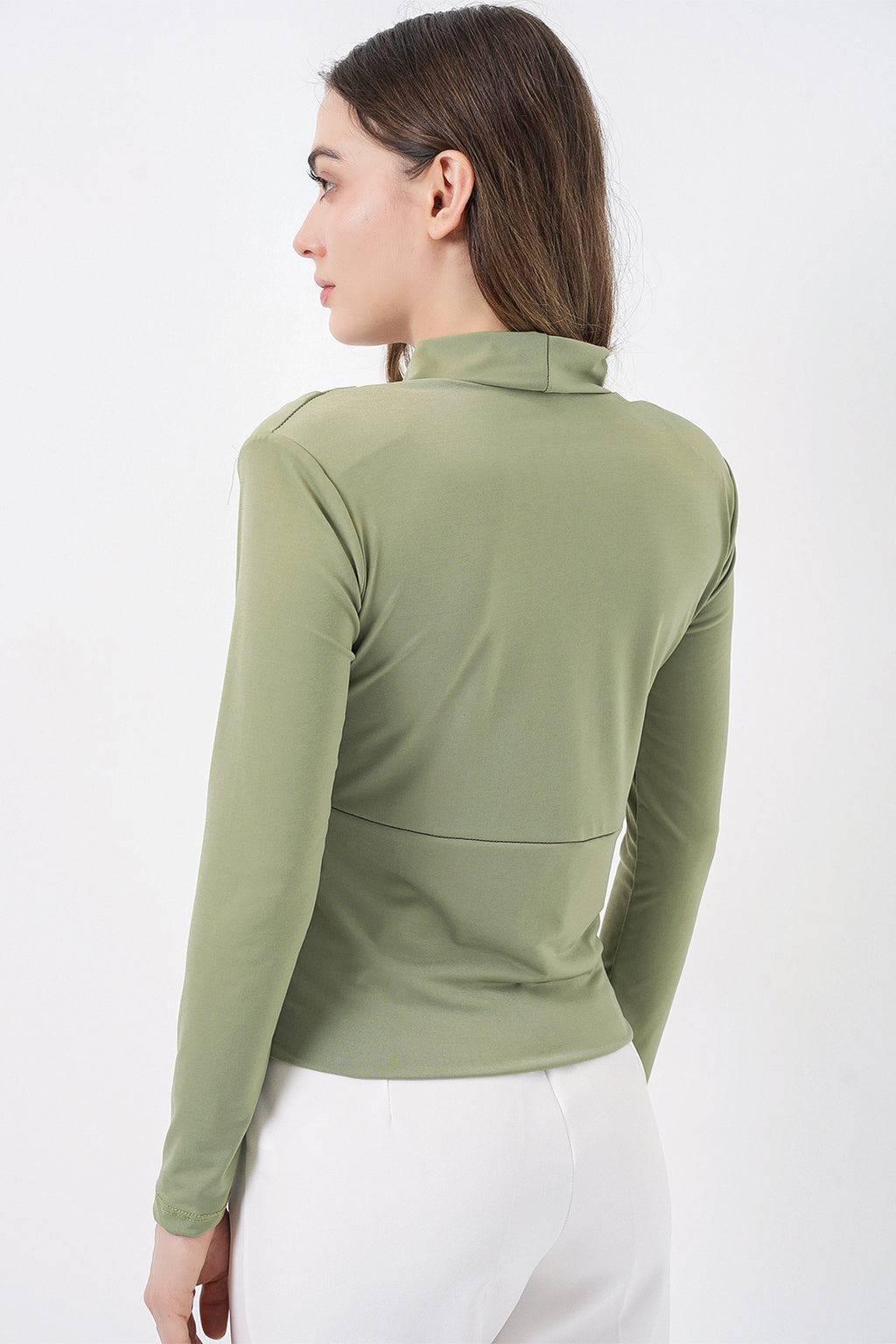 Kadın Omuz Vatkalı Kruvaze Yaka Bluz 942 - E.Yeşil