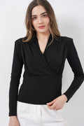 Kadın Omuz Vatkalı Kruvaze Yaka Bluz 942 - Siyah