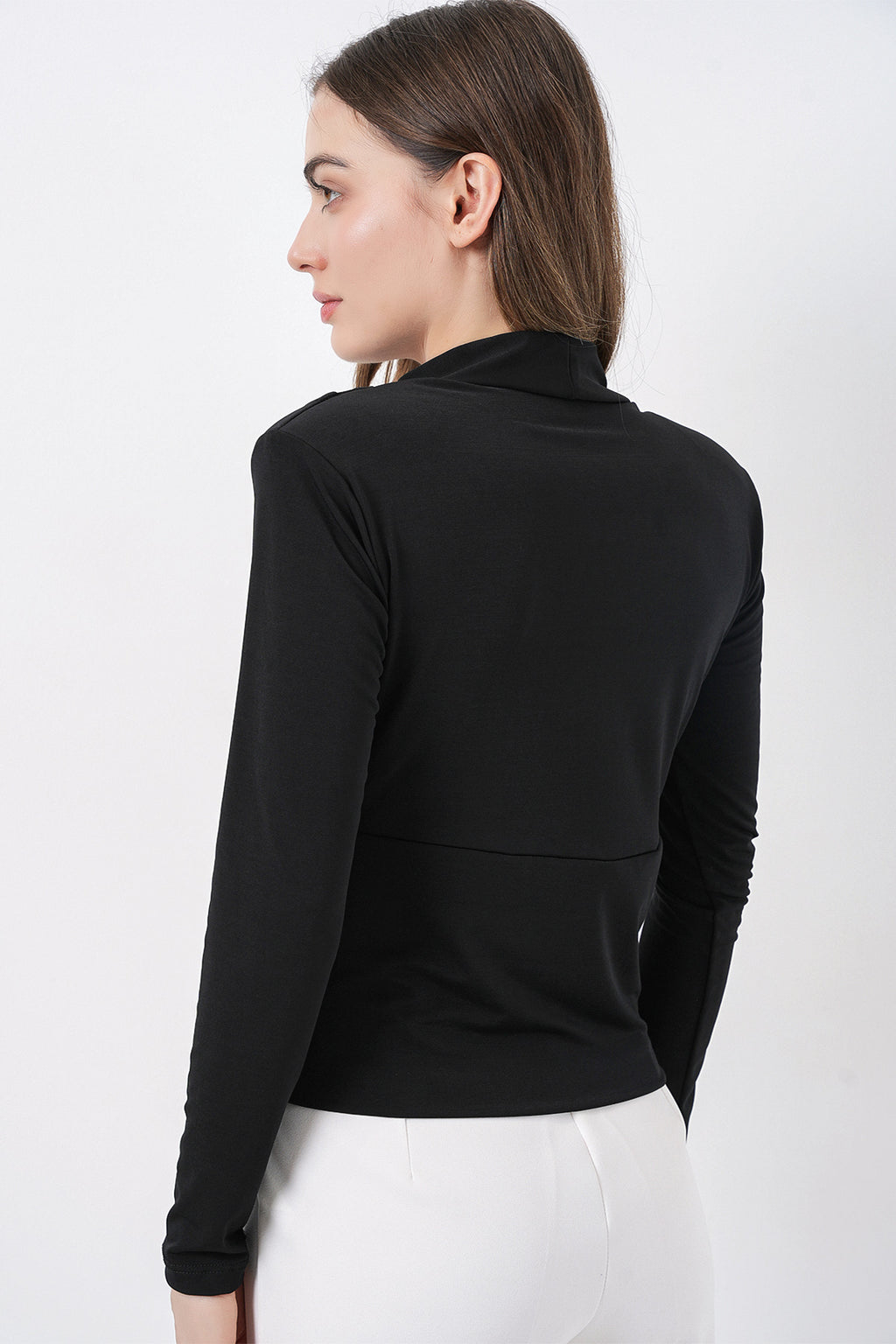 Kadın Omuz Vatkalı Kruvaze Yaka Bluz 942 - Siyah