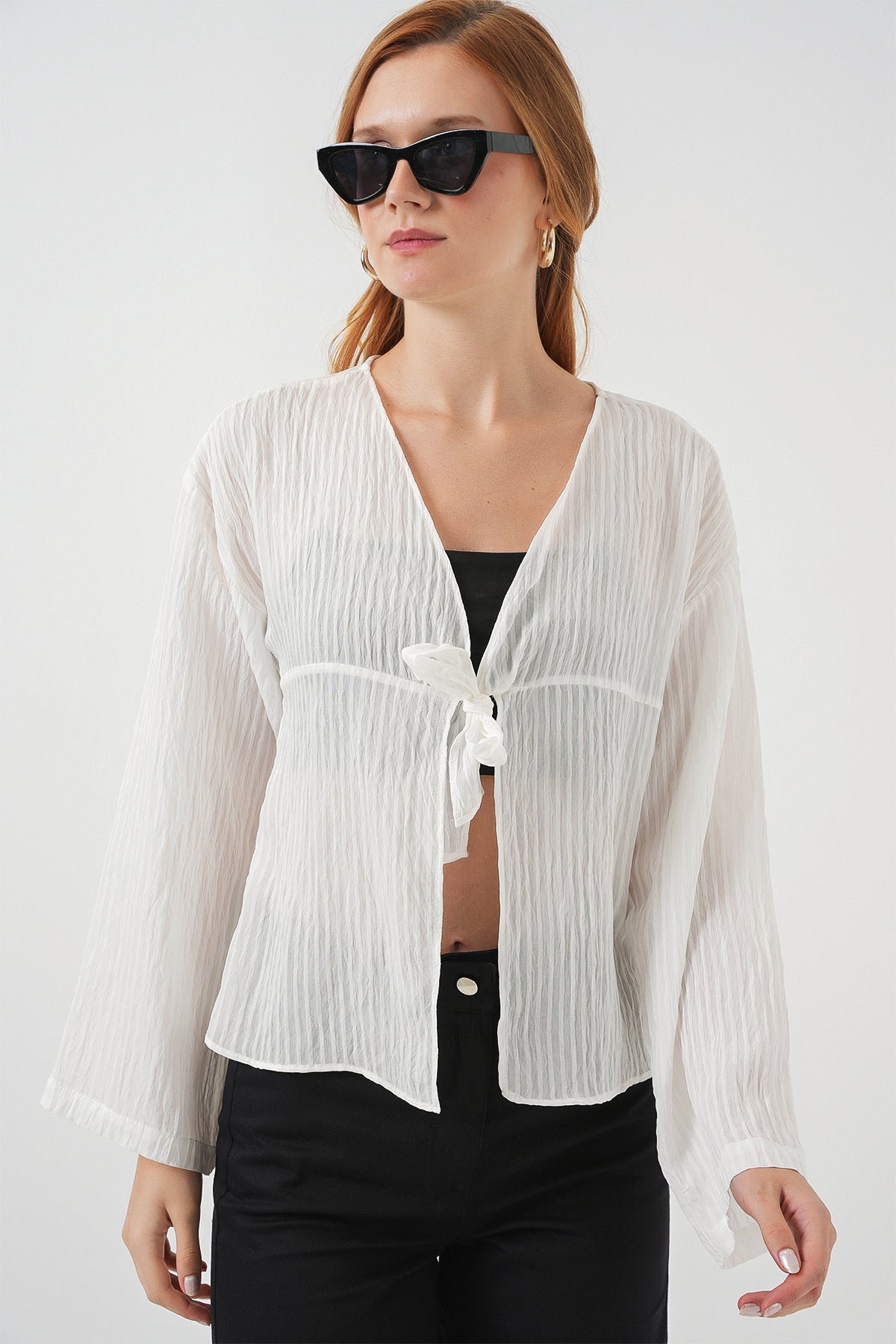 Kadın Önü Bağcıklı Bluz 952 - Beyaz