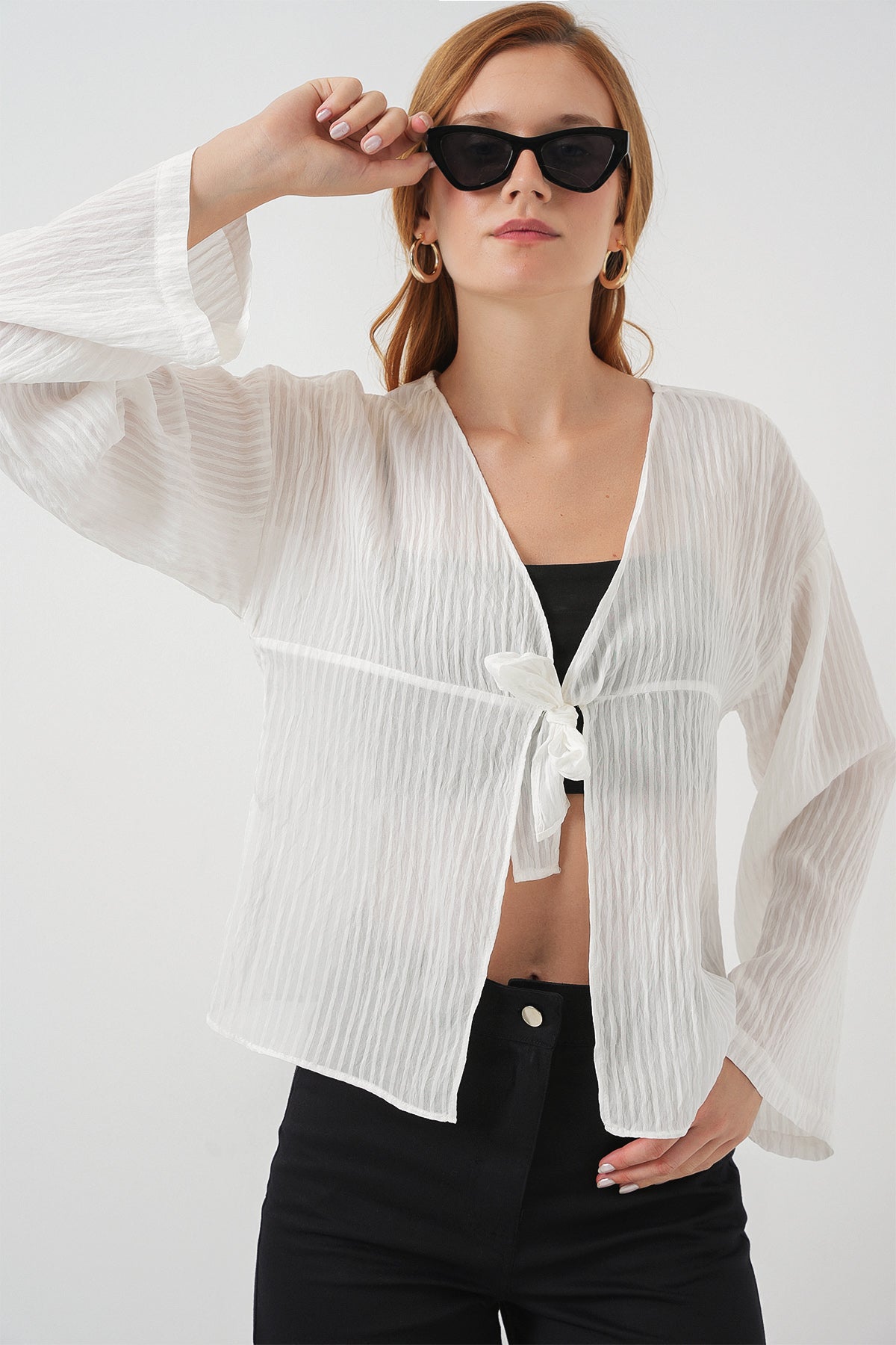 Kadın Önü Bağcıklı Bluz 952 - Beyaz