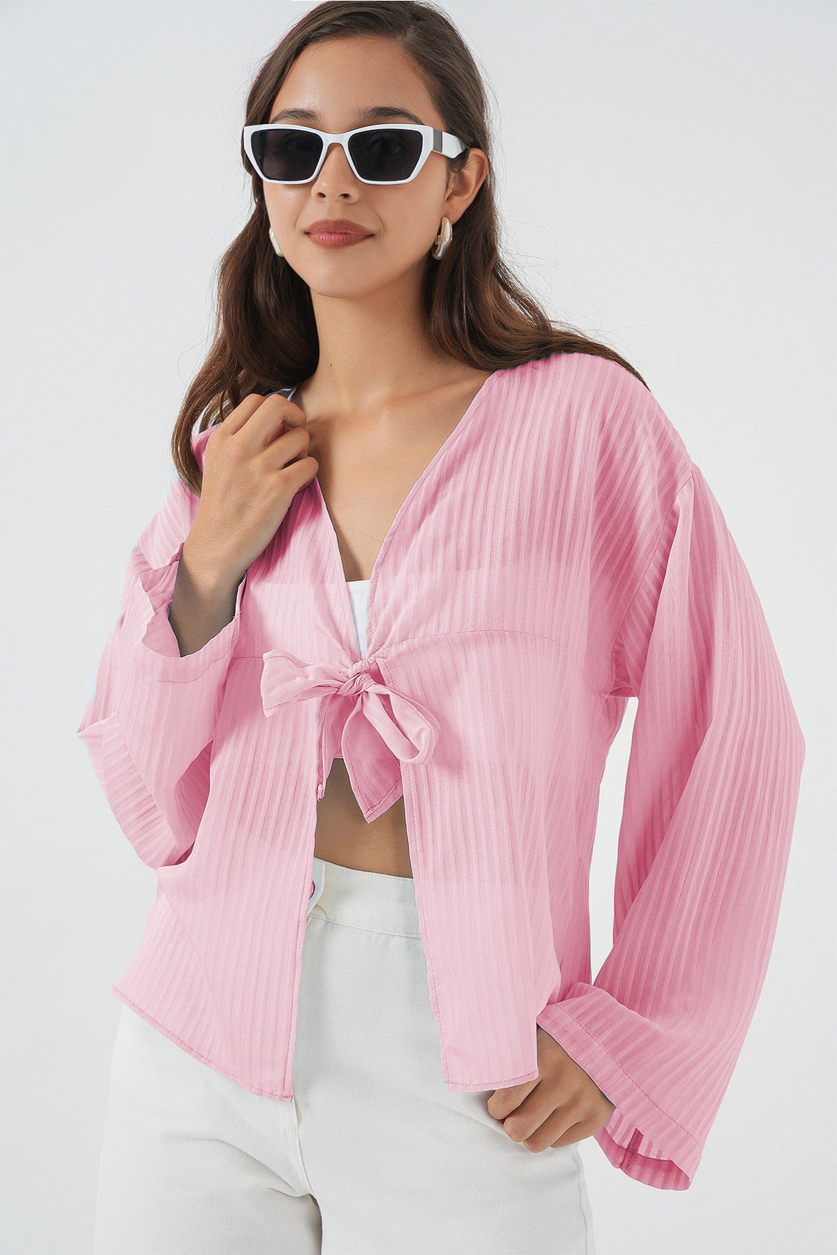 Kadın Önü Bağcıklı Bluz 952 - Pudra