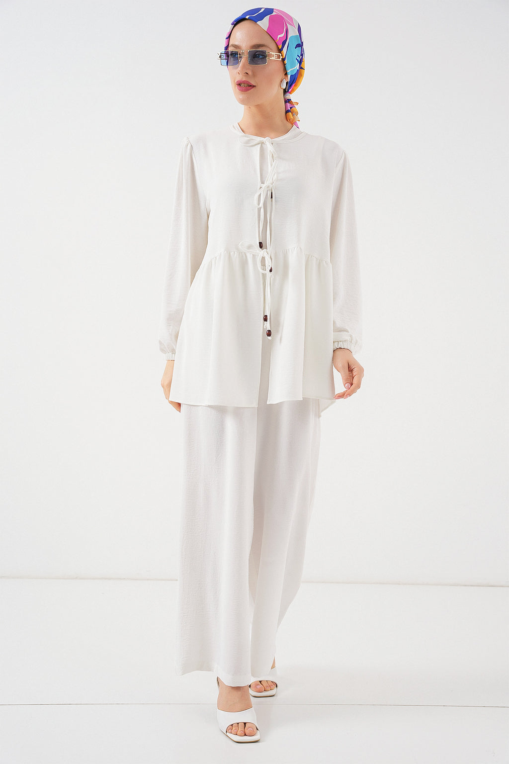 Kadın Önü Bağcıklı Tunik Pantolon İkili Takım 6744 - Beyaz