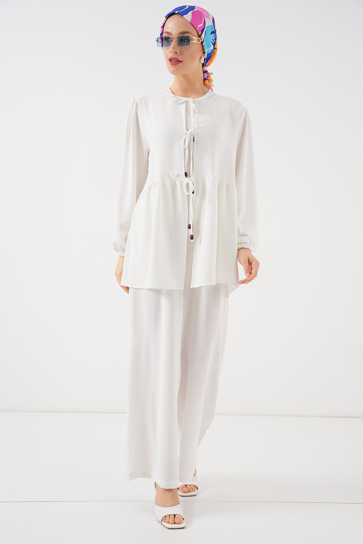 Kadın Önü Bağcıklı Tunik Pantolon İkili Takım 6744 - Beyaz