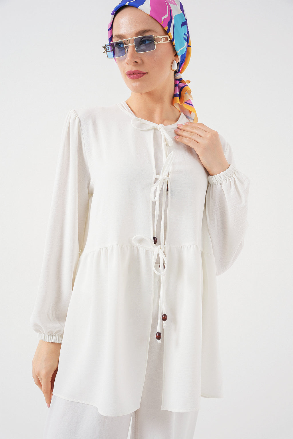 Kadın Önü Bağcıklı Tunik Pantolon İkili Takım 6744 - Beyaz