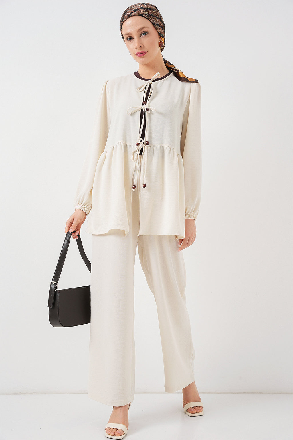 Kadın Önü Bağcıklı Tunik Pantolon İkili Takım 6744 - Ekru