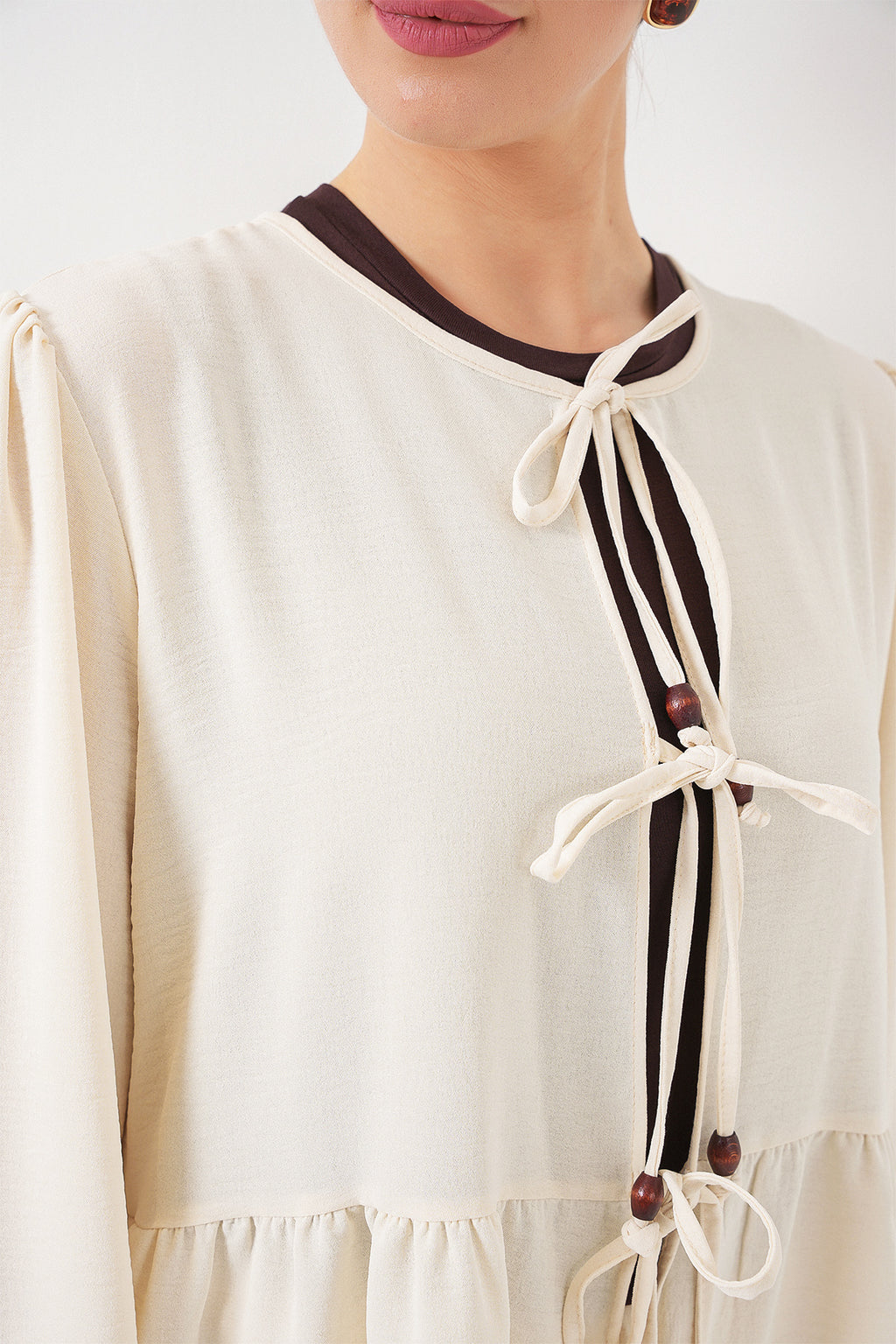 Kadın Önü Bağcıklı Tunik Pantolon İkili Takım 6744 - Ekru