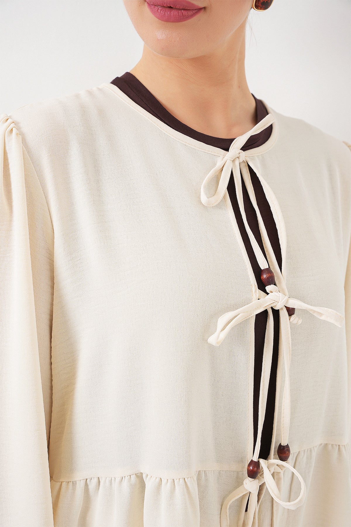 Kadın Önü Bağcıklı Tunik Pantolon İkili Takım 6744 - Ekru