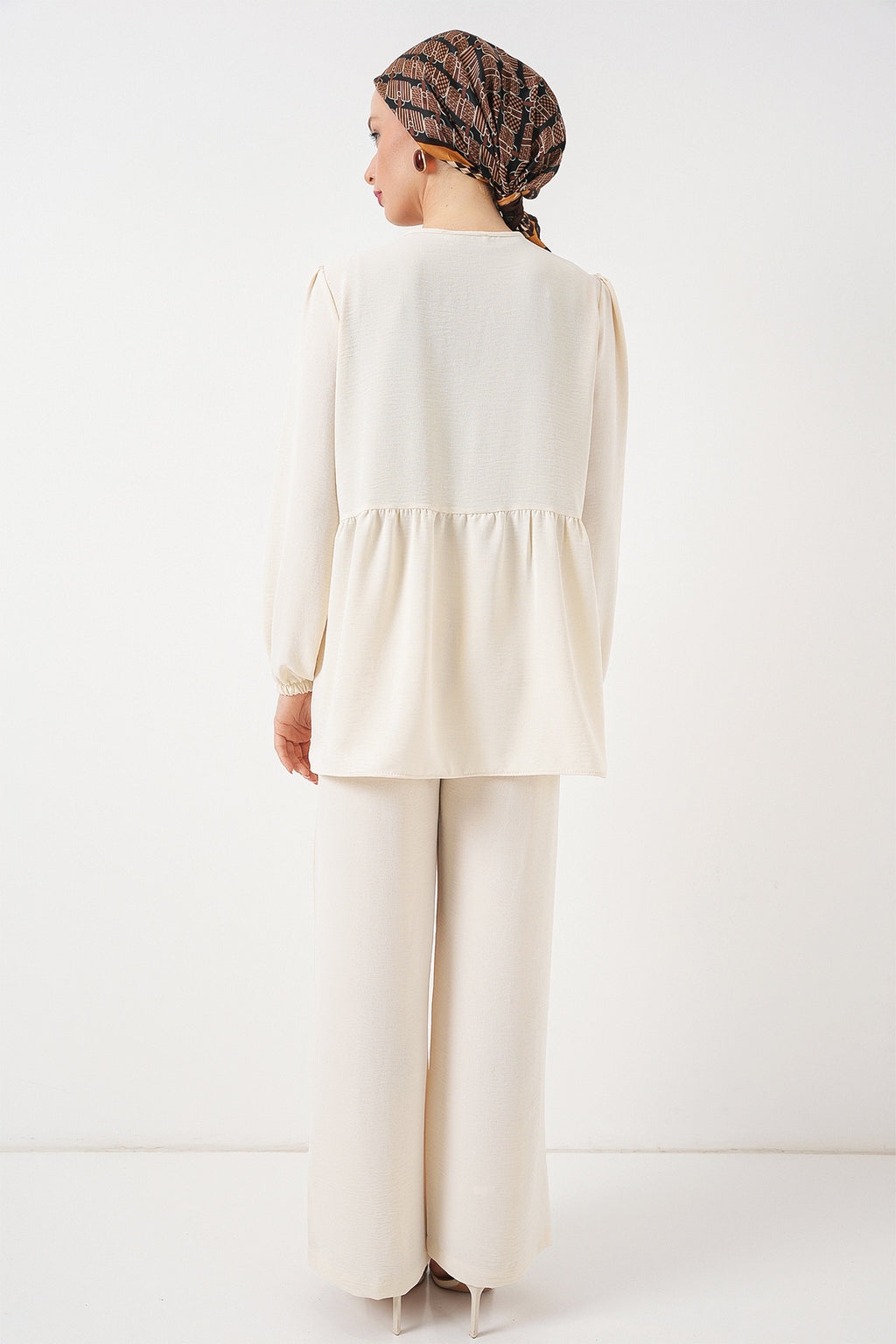 Kadın Önü Bağcıklı Tunik Pantolon İkili Takım 6744 - Ekru