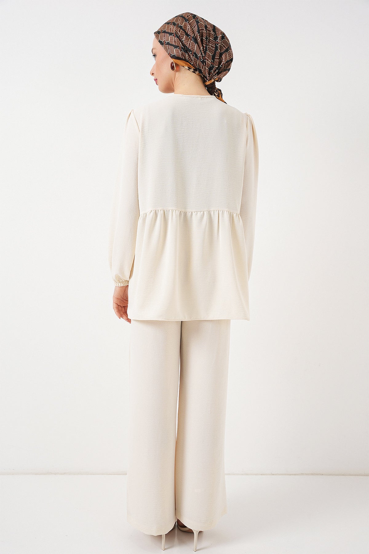Kadın Önü Bağcıklı Tunik Pantolon İkili Takım 6744 - Ekru