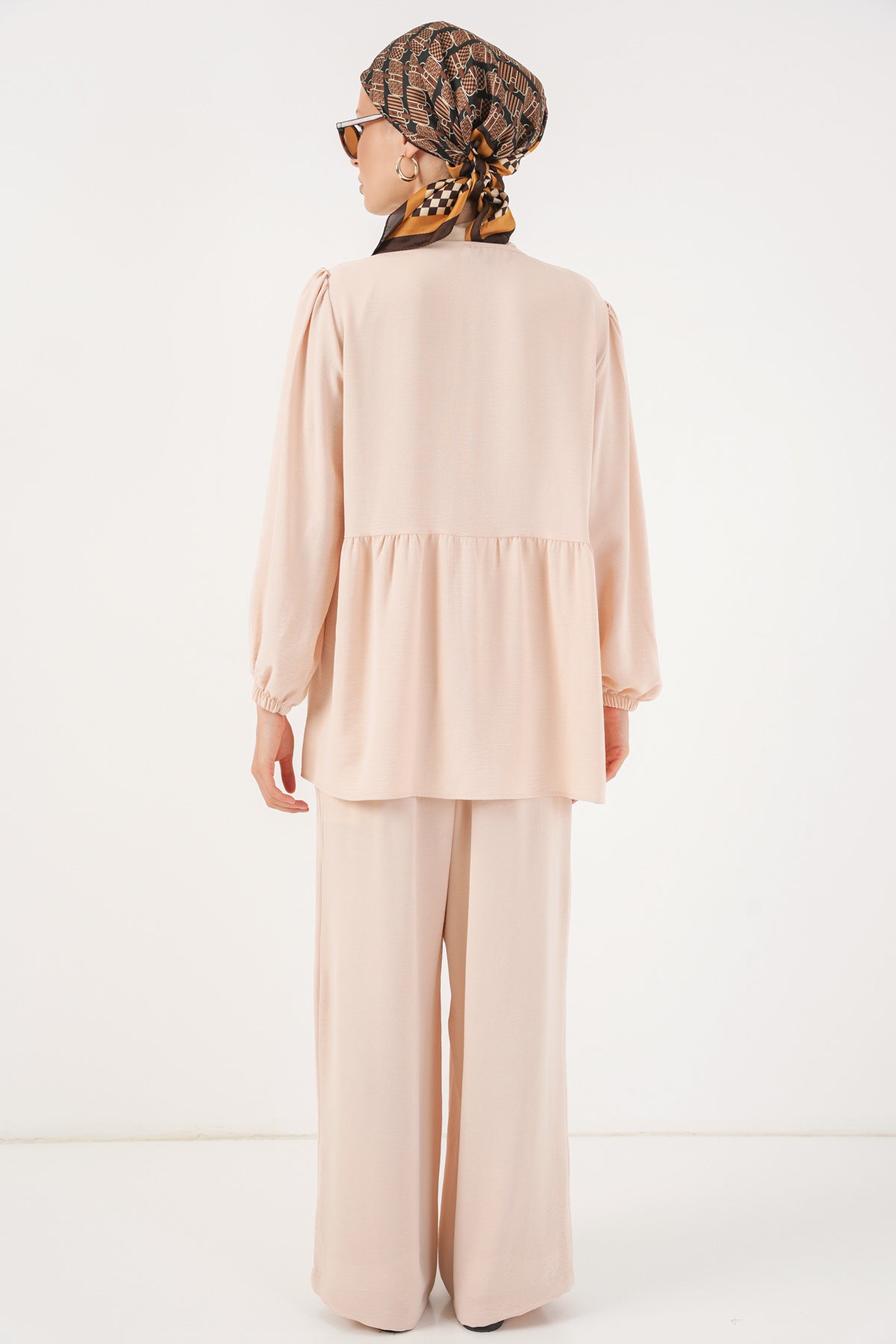 Kadın Önü Bağcıklı Tunik Pantolon İkili Takım 6744 - Krem