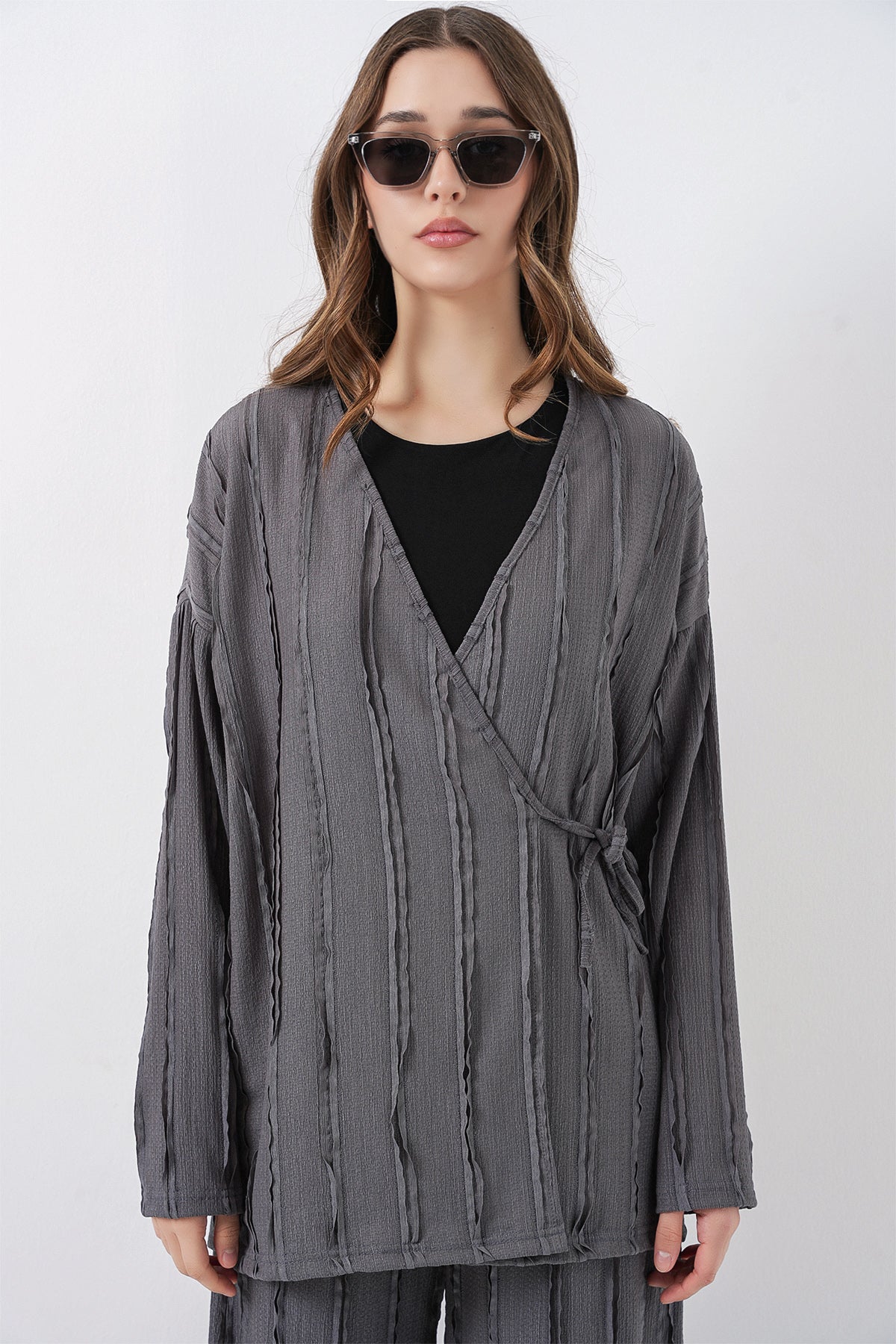 Kadın Örme Kimono Pantolon İkili Takım 30067 - Gri