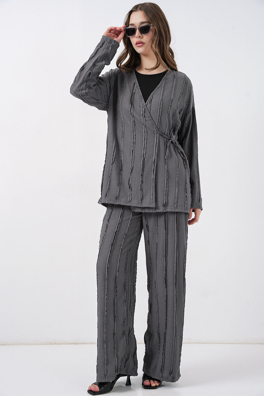 Kadın Örme Kimono Pantolon İkili Takım 30067 - Gri