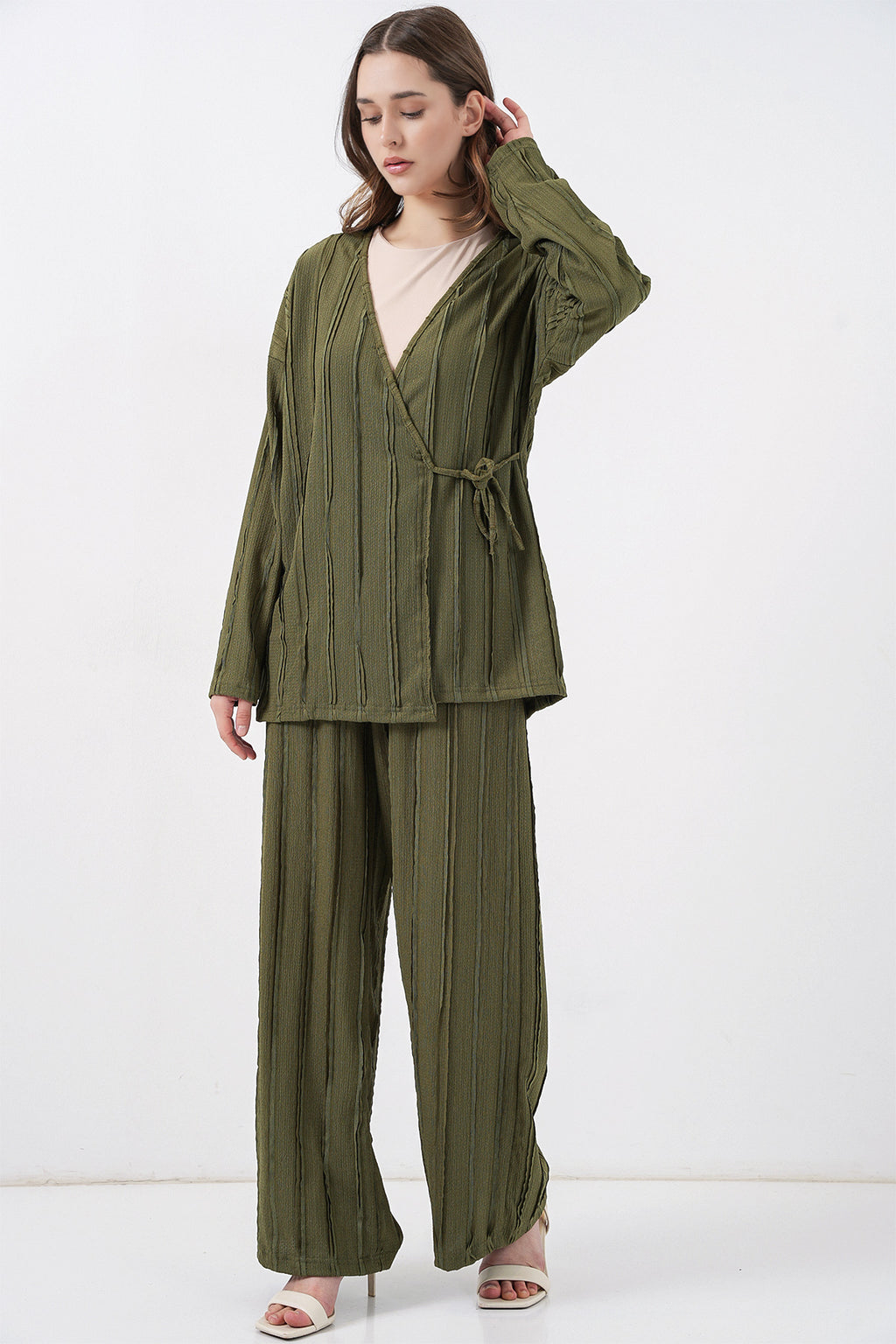 Kadın Örme Kimono Pantolon İkili Takım 30067 - Haki