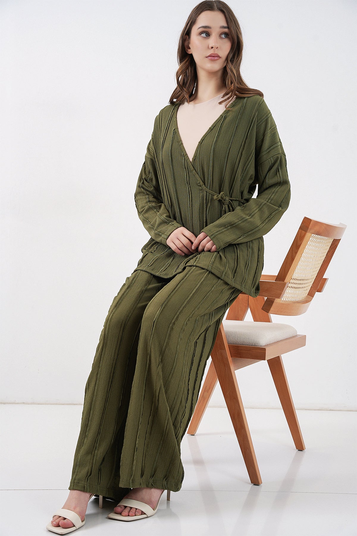 Kadın Örme Kimono Pantolon İkili Takım 30067 - Haki