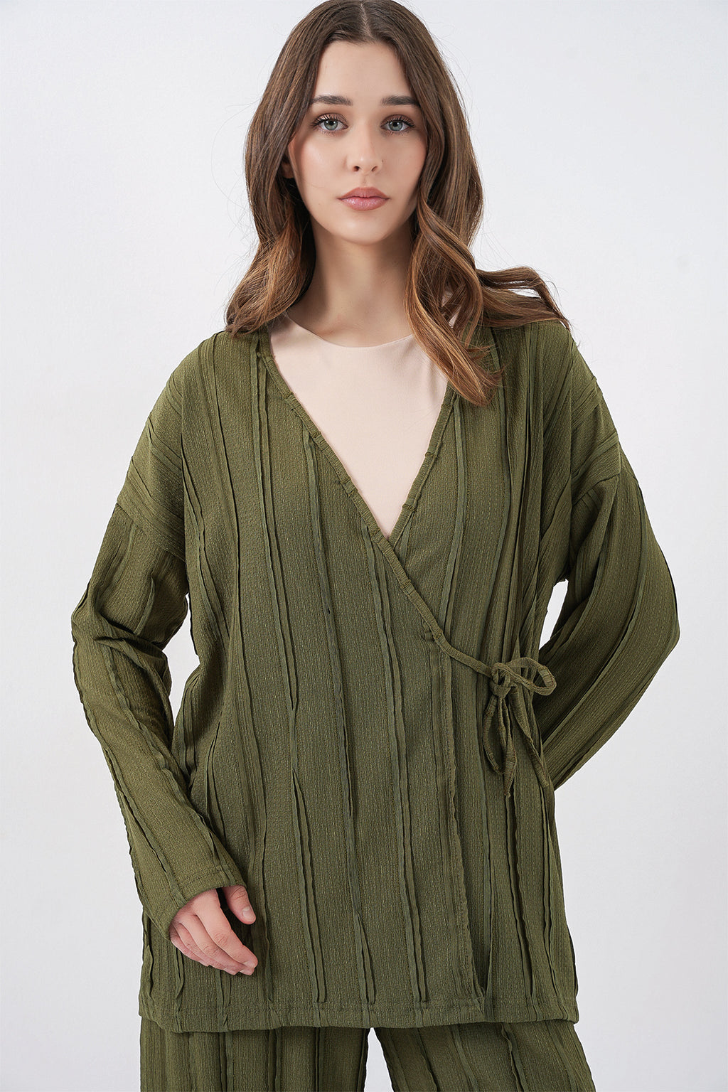 Kadın Örme Kimono Pantolon İkili Takım 30067 - Haki