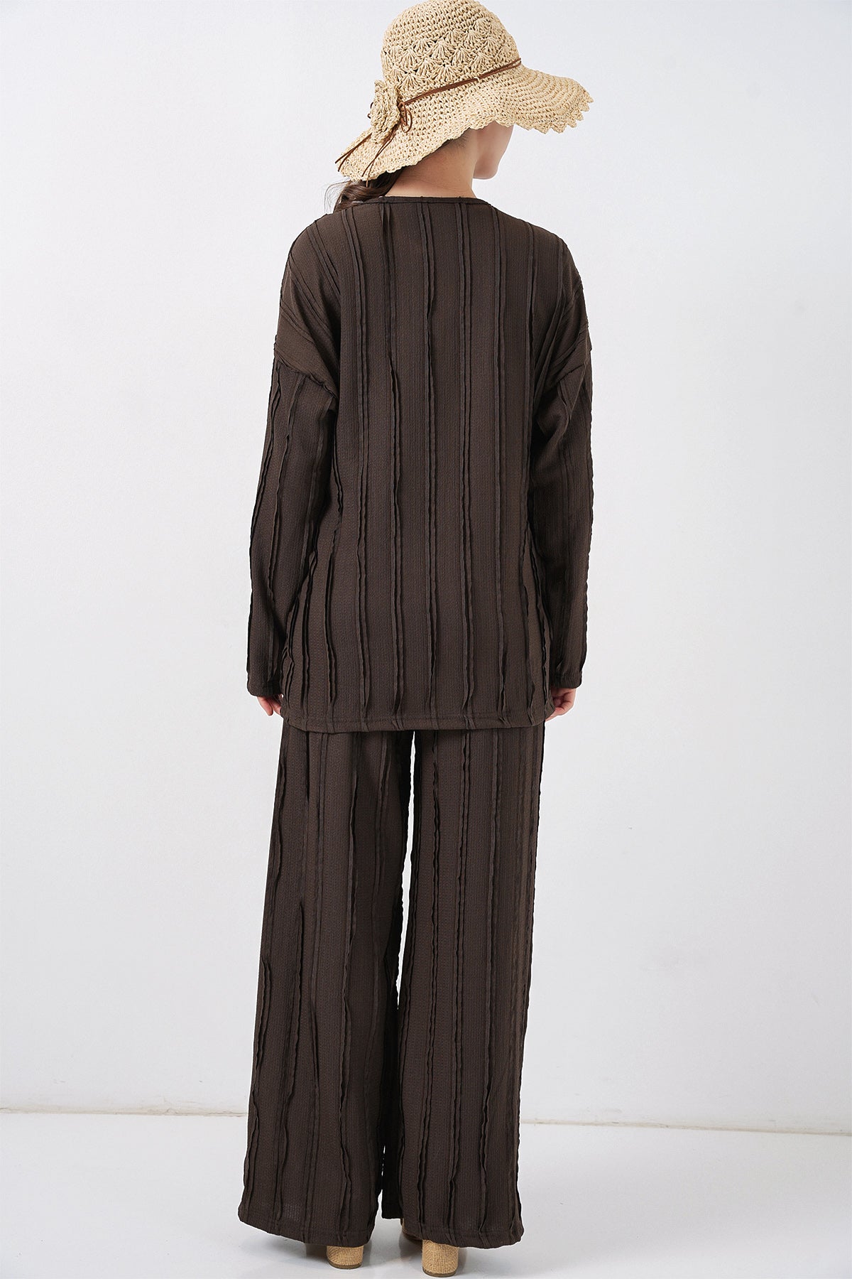 Kadın Örme Kimono Pantolon İkili Takım 30067 - Kahverengi