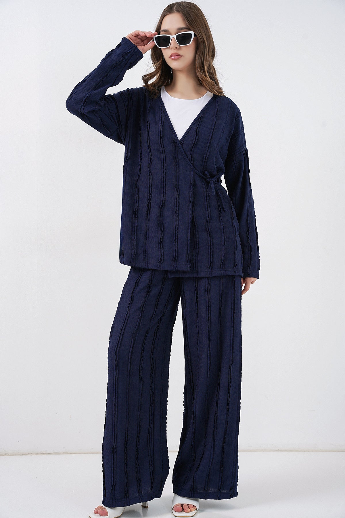 Kadın Örme Kimono Pantolon İkili Takım 30067 - Lacivert