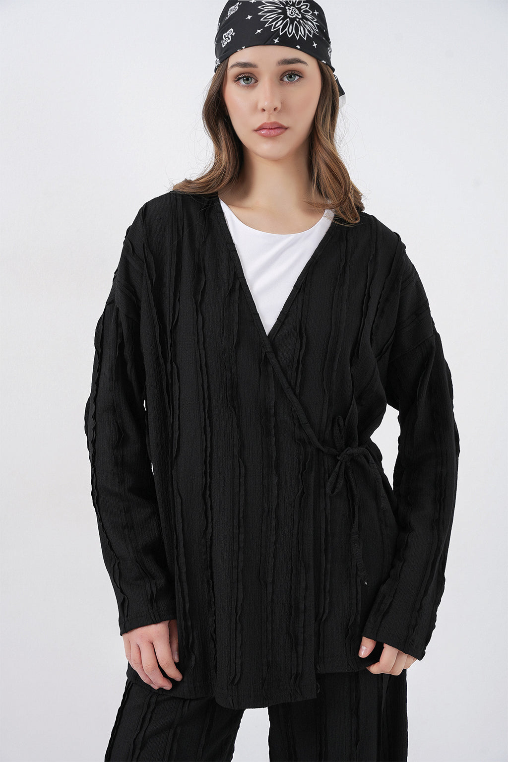 Kadın Örme Kimono Pantolon İkili Takım 30067 - Siyah