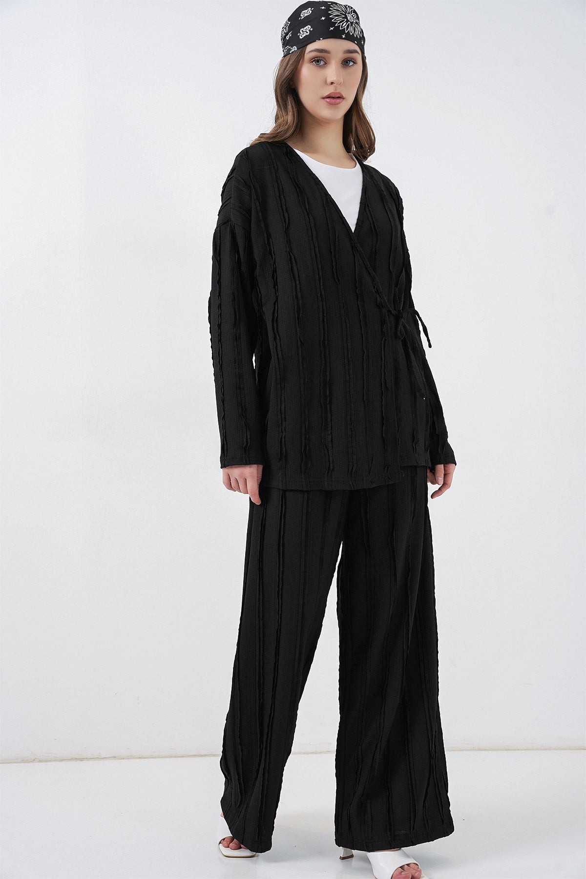 Kadın Örme Kimono Pantolon İkili Takım 30067 - Siyah