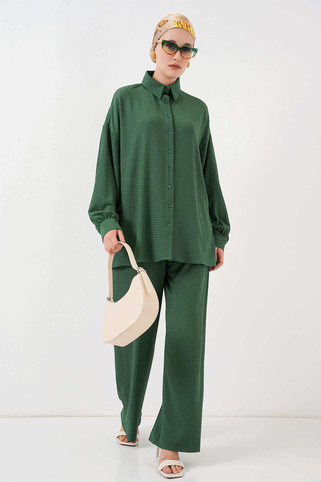 Kadın Örme Tesettür Alt Üst Takım 6711 - Zümrüt Yeşili