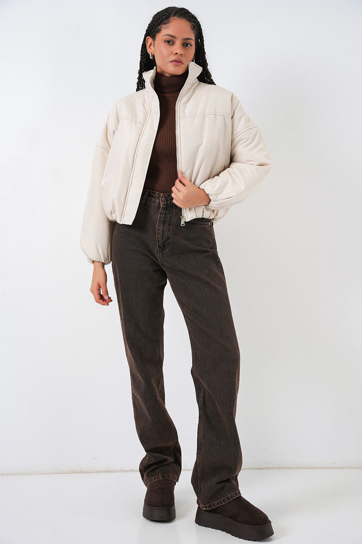 Kadın Oversize Bomber Şişme Mont 5124 - Ekru