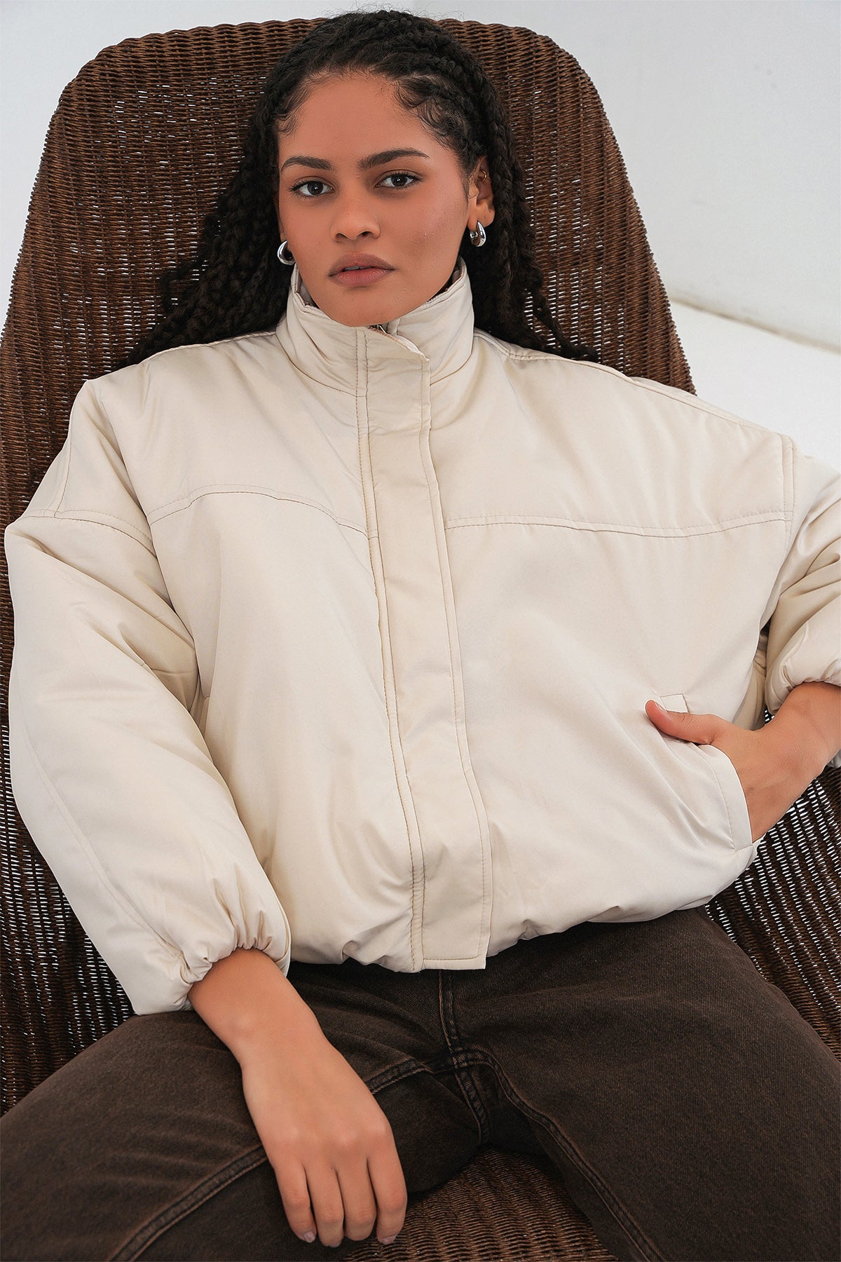 Kadın Oversize Bomber Şişme Mont 5124 - Ekru