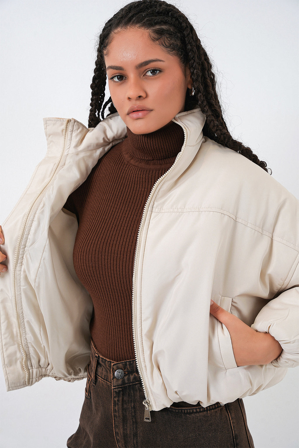 Kadın Oversize Bomber Şişme Mont 5124 - Ekru