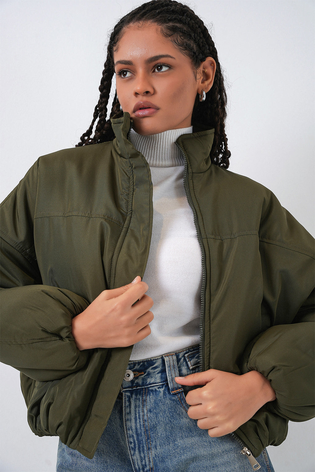 Kadın Oversize Bomber Şişme Mont 5124 - Haki