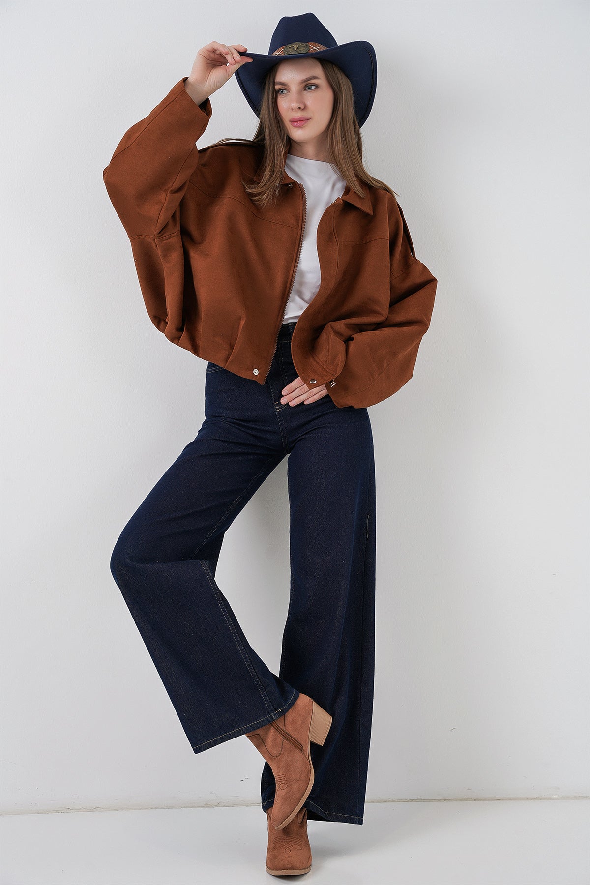 Kadın Oversize Süet Ceket 1055 - Y.Kiremit