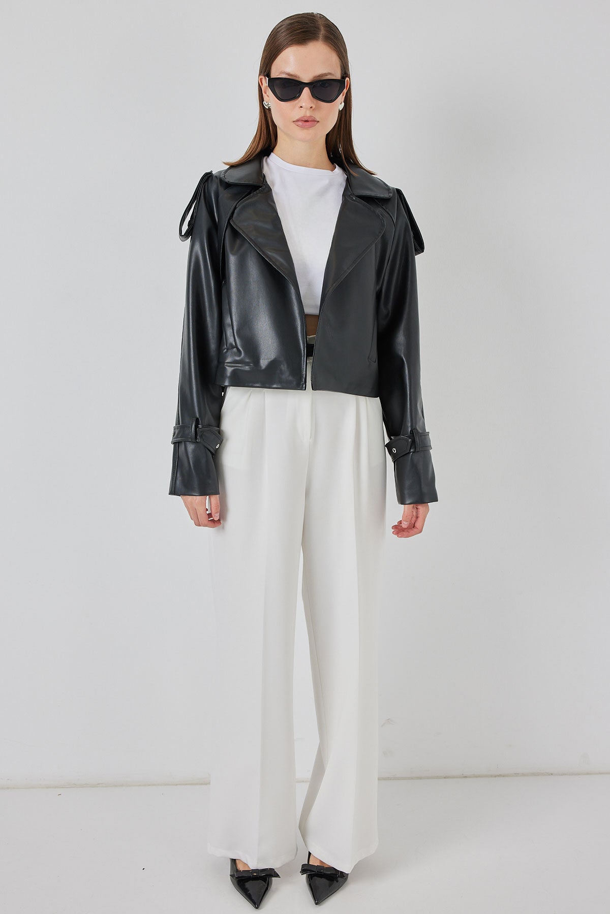 Kadın Oversize Deri Mont Ceket 1047 - Siyah