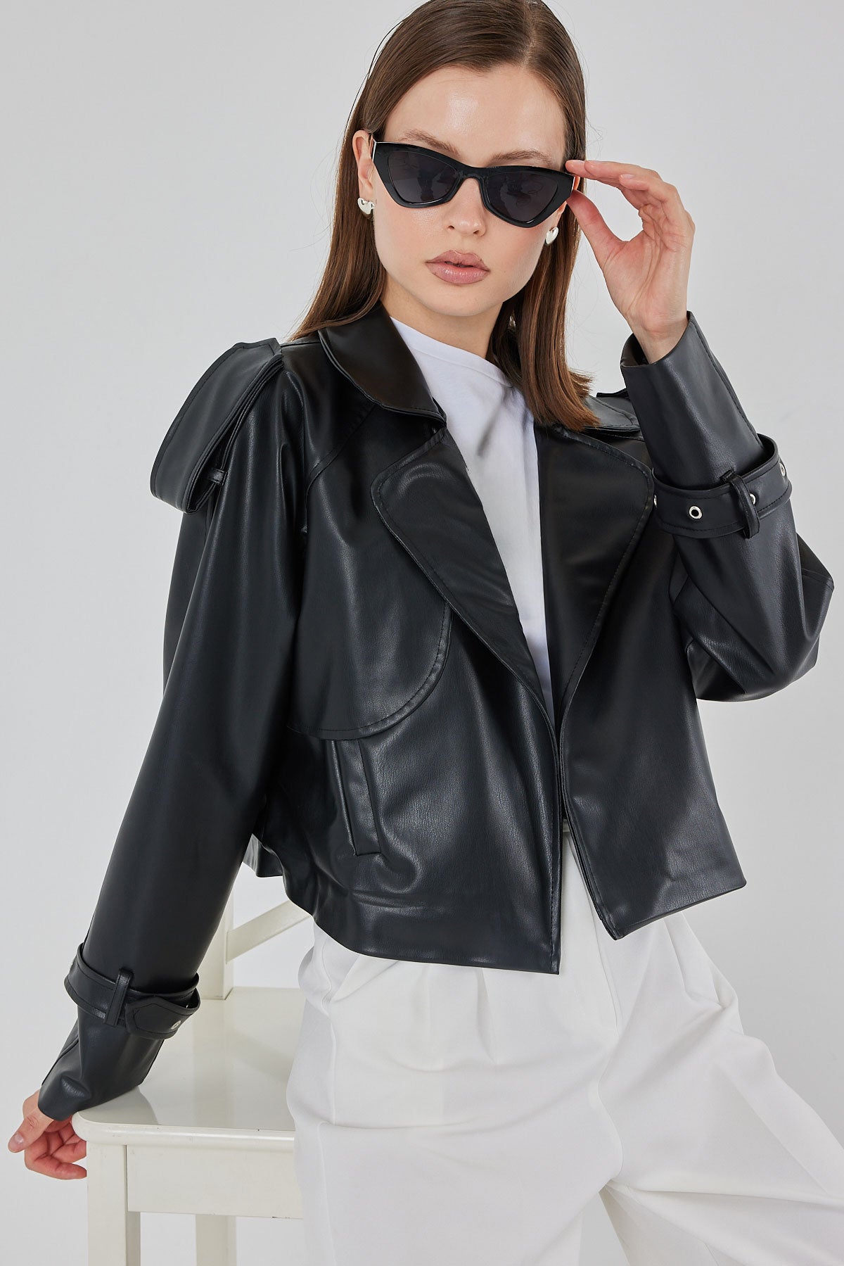 Kadın Oversize Deri Mont Ceket 1047 - Siyah