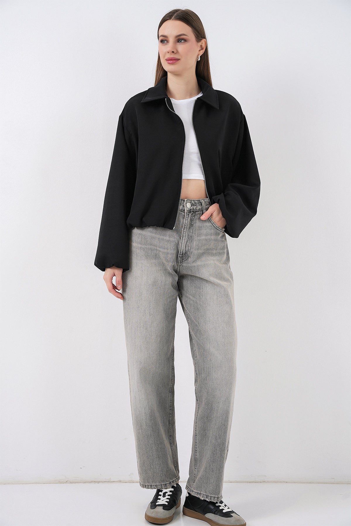 Kadın Oversize Fermuarlı Ceket 0735 - Siyah