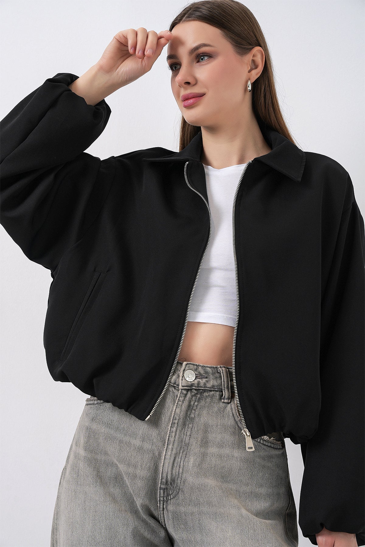 Kadın Oversize Fermuarlı Ceket 0735 - Siyah