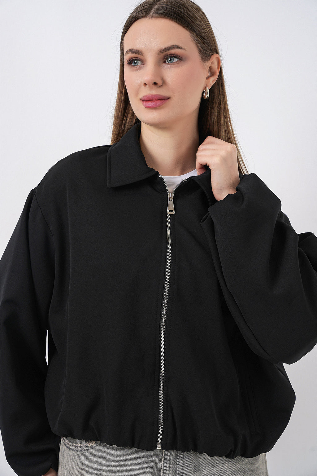 Kadın Oversize Fermuarlı Ceket 0735 - Siyah