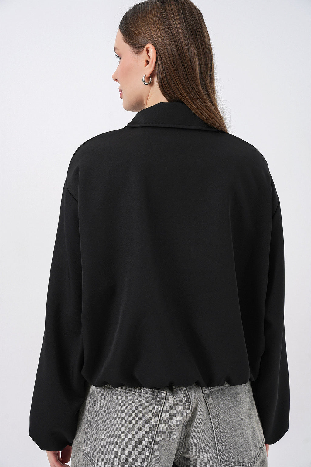 Kadın Oversize Fermuarlı Ceket 0735 - Siyah