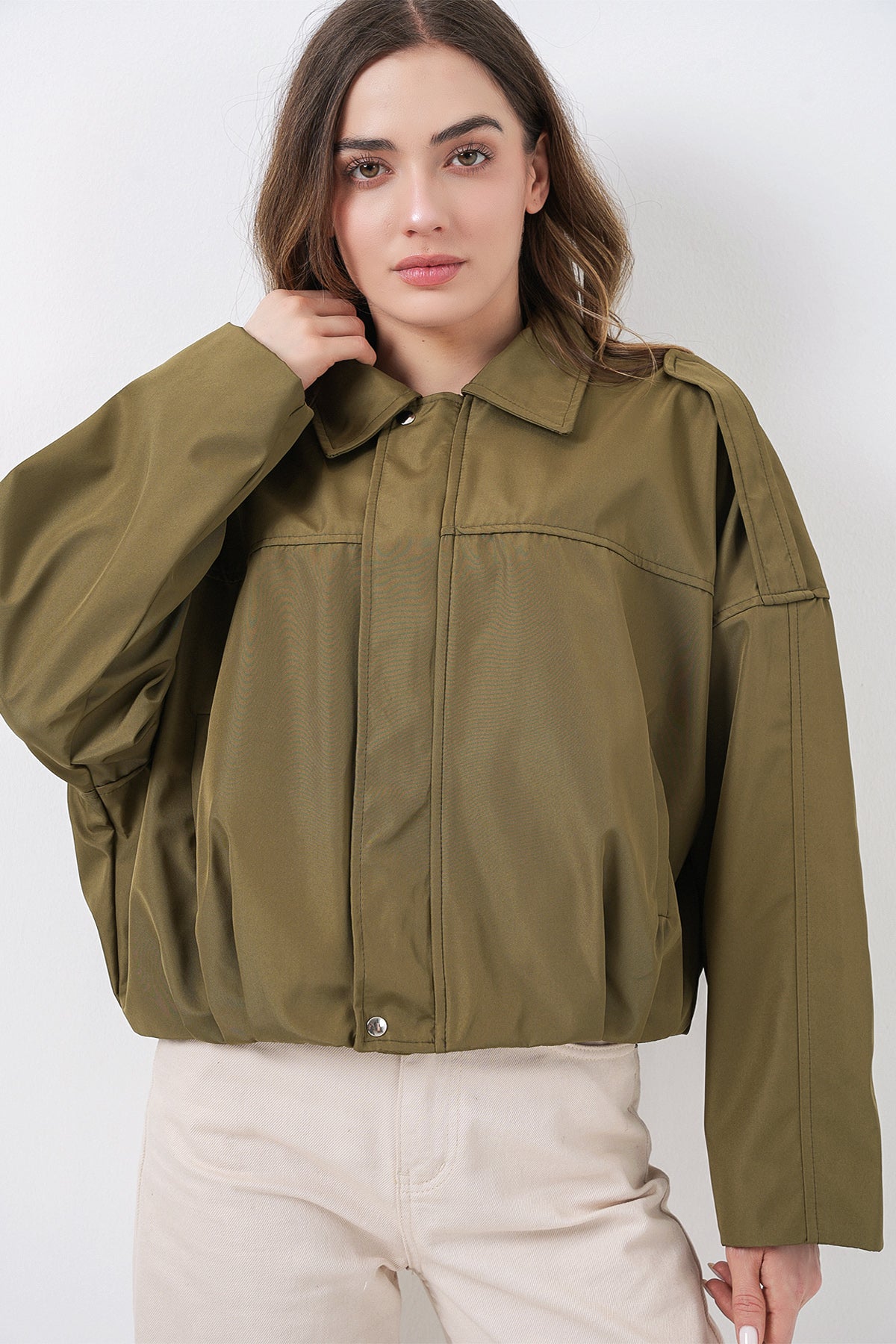 Kadın Oversize Kısa Ceket 0732 - Haki