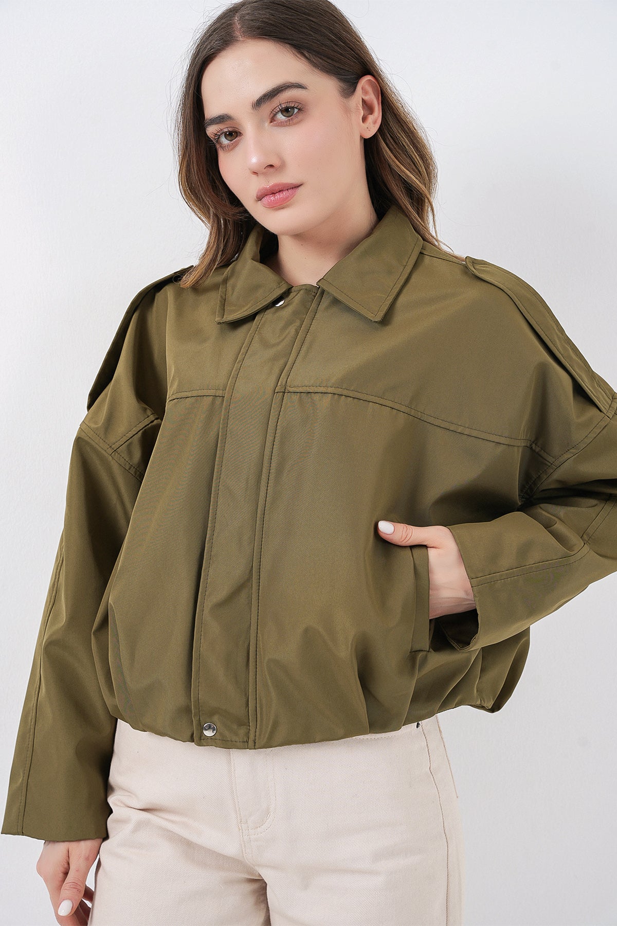 Kadın Oversize Kısa Ceket 0732 - Haki