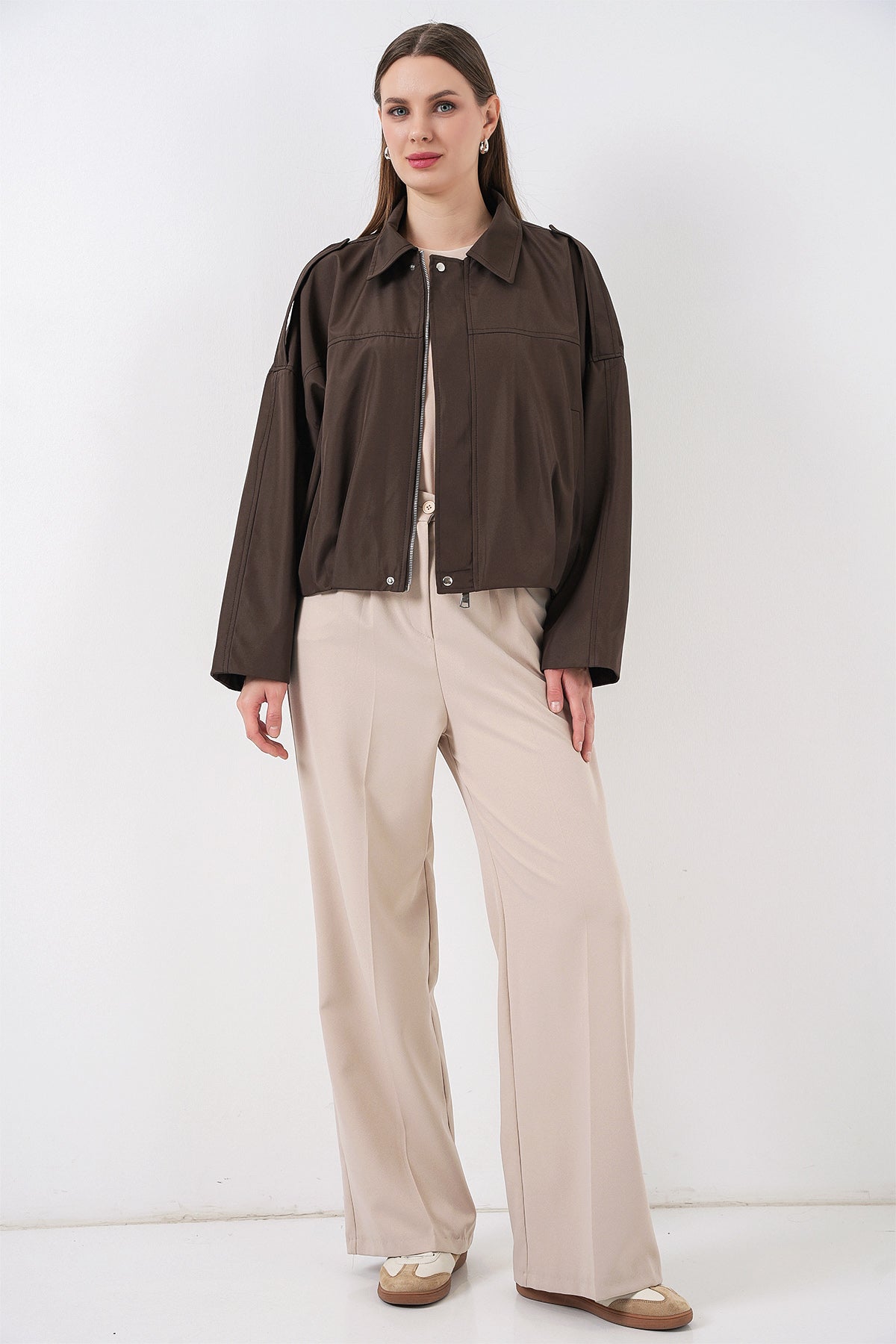 Kadın Oversize Kısa Ceket 0732 - Kahverengi