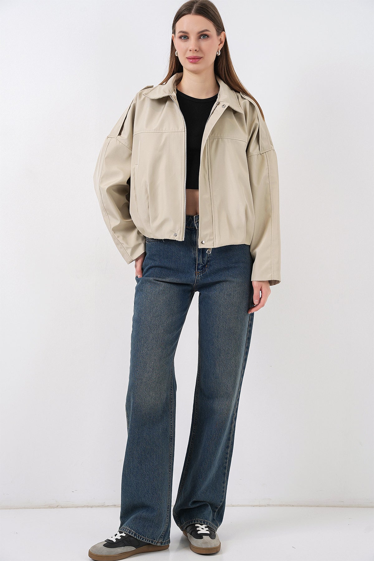 Kadın Oversize Kısa Ceket 0732 - Taş