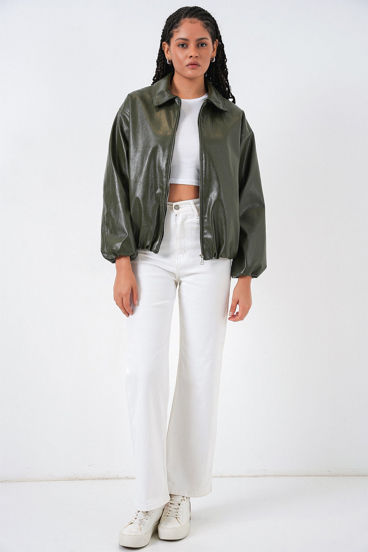 Kadın Oversize Suni Deri Ceket 1049 - Haki