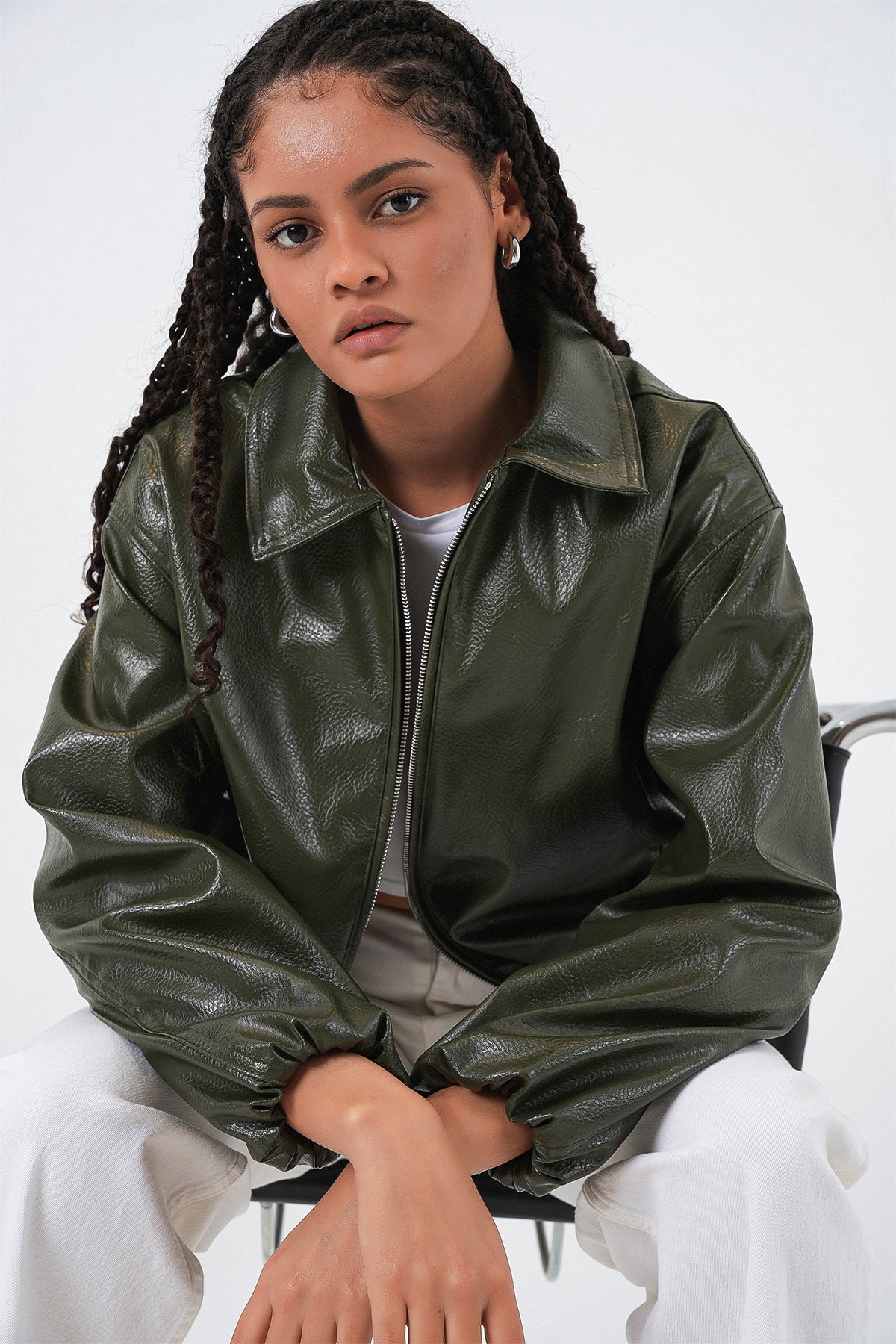 Kadın Oversize Suni Deri Ceket 1049 - Haki