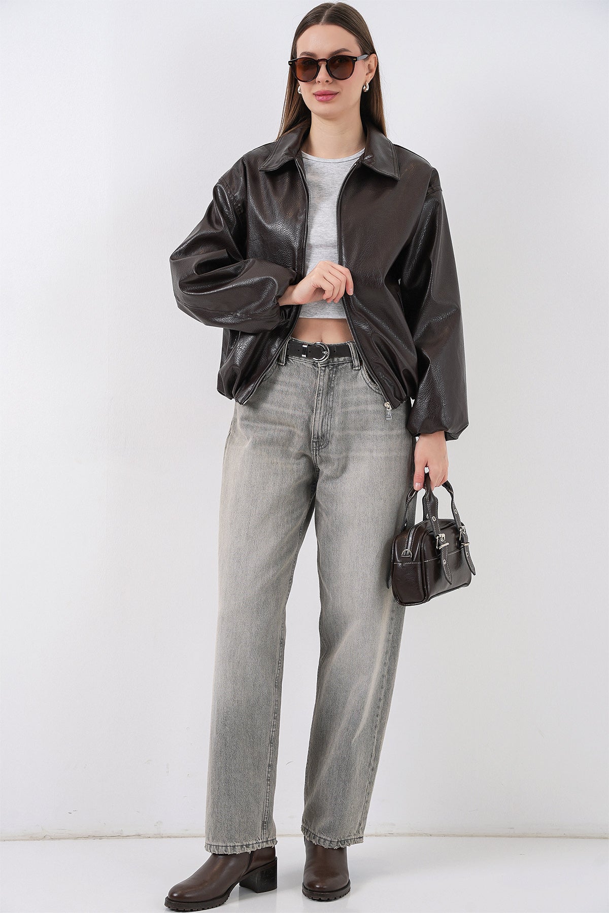 Kadın Oversize Suni Deri Ceket 1049 - Kahverengi