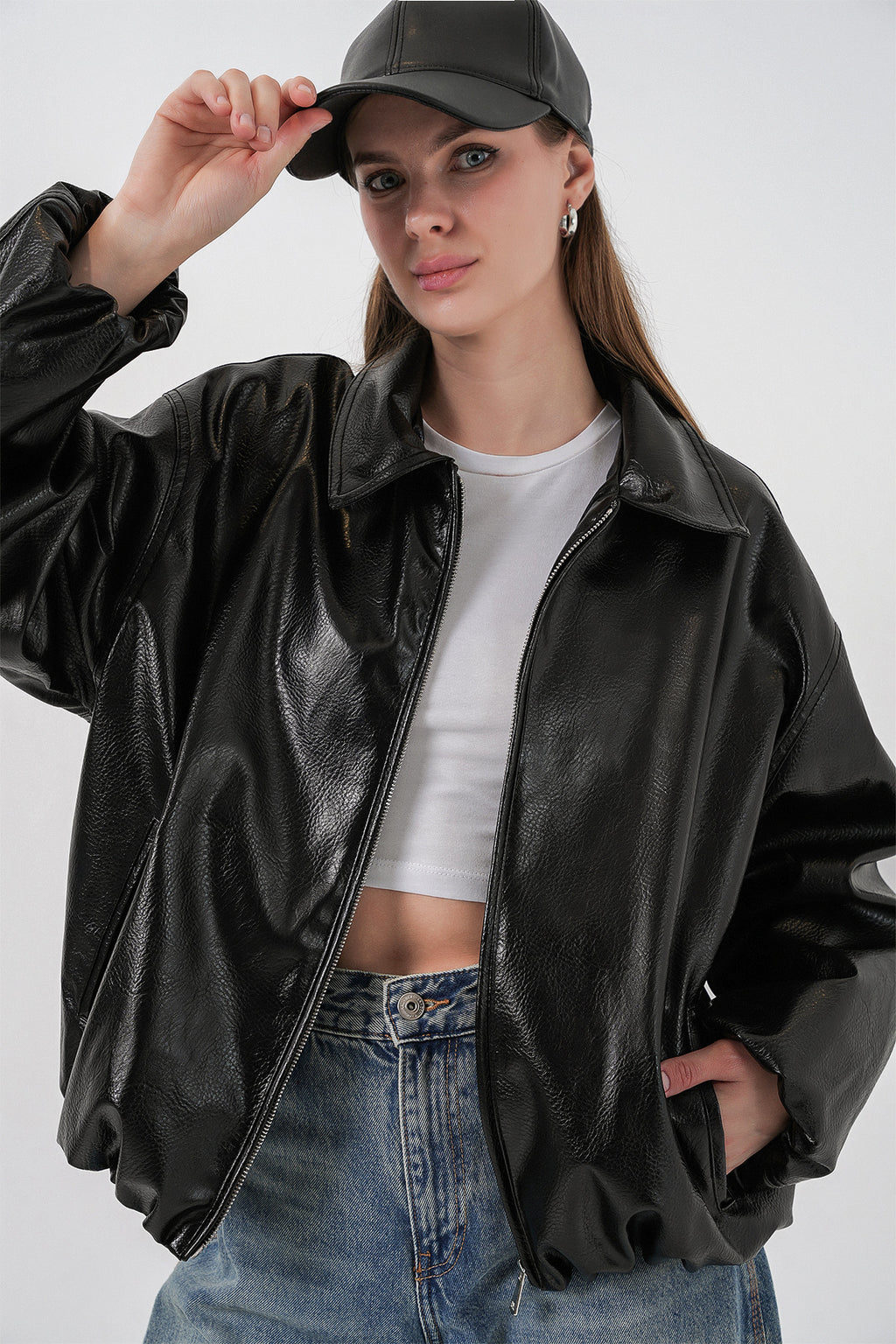 Kadın Oversize Suni Deri Ceket 1049 - Siyah